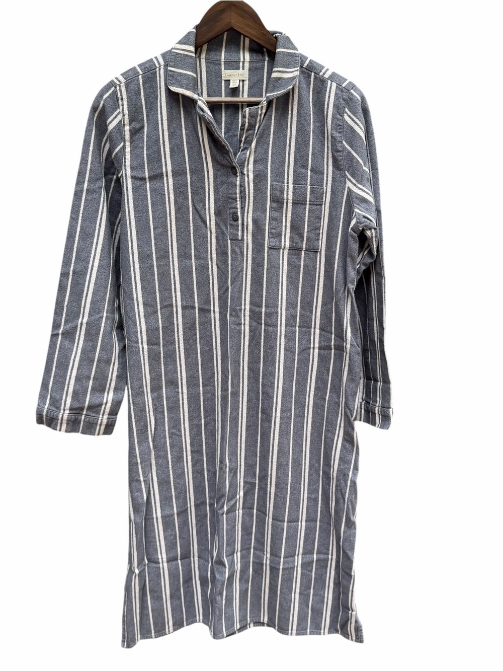 Garnet Hill Flannel Shirt Dress Small Gray Blue White Stripe 100% Cotton - Picture 3 of 10